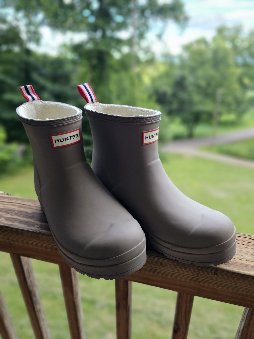 Hunter Short Rain Boots in Taupe with Red-White-Navy Pull Tabs